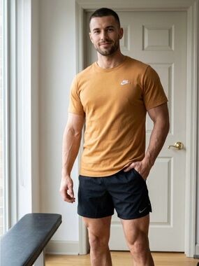 Nike Men's Mustard/Gold Crewneck Tee with Small White Swoosh